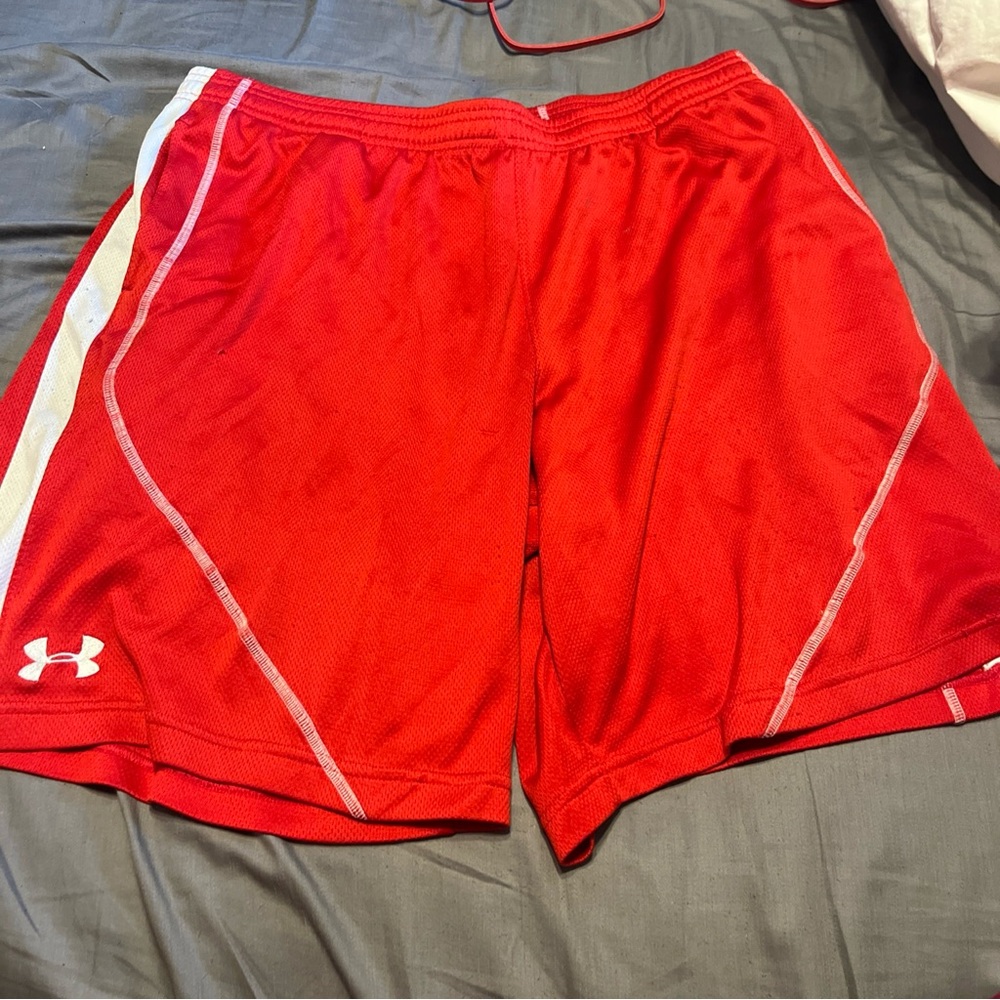 Under Armour Shorts Large Adult Red Loose Stretch Logo Pockets Modern Gym Mens L